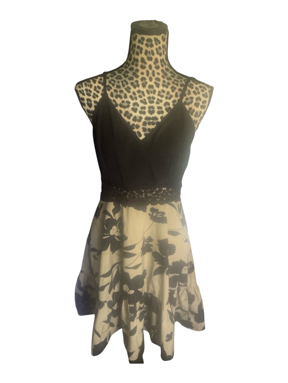 Black & Cream Floral Lace Waist Spaghetti Strap Dress